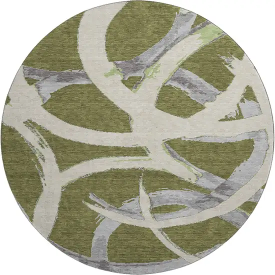 8' Olive Green Gray And Beige Abstract Washable Round Rug With UV Protection Photo 1