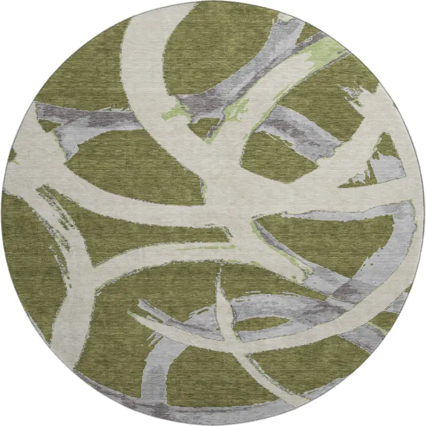 8' Olive Green Gray And Beige Abstract Washable Round Rug With UV Protection Photo 1