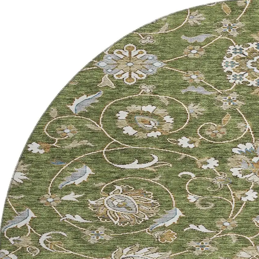 8' Olive Green Gray And Beige Moroccan Washable Round Rug With UV Protection Photo 3