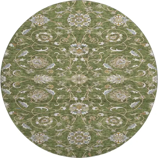 8' Olive Green Gray And Beige Moroccan Washable Round Rug With UV Protection Photo 1