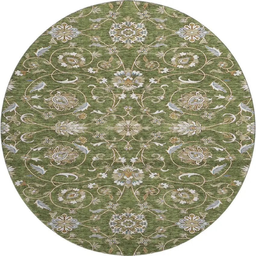 8' Olive Green Gray And Beige Moroccan Washable Round Rug With UV Protection Photo 1