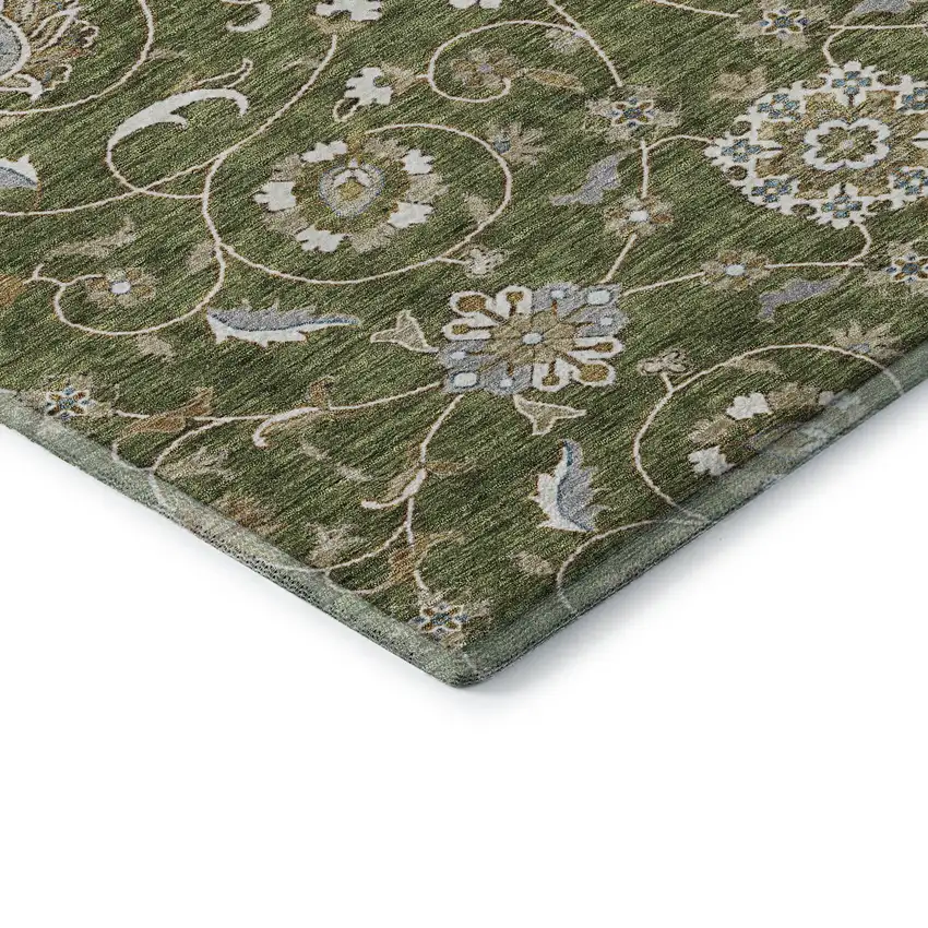 8' Olive Green Gray And Beige Moroccan Washable Round Rug With UV Protection Photo 7