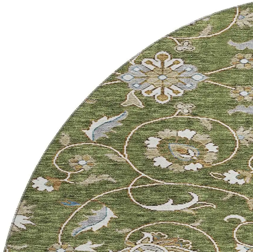 8' Olive Green Gray And Beige Moroccan Washable Round Rug With UV Protection Photo 2