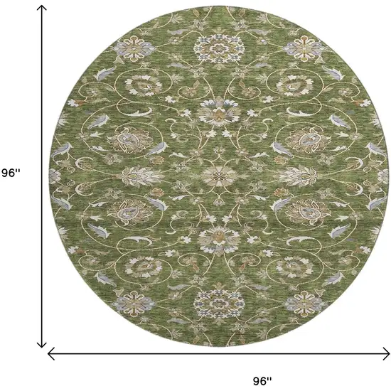 8' Olive Green Gray And Beige Moroccan Washable Round Rug With UV Protection Photo 9