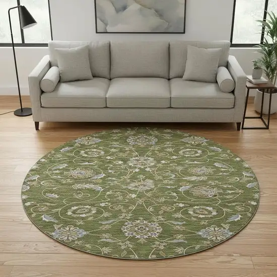 8' Olive Green Gray And Beige Moroccan Washable Round Rug With UV Protection Photo 2