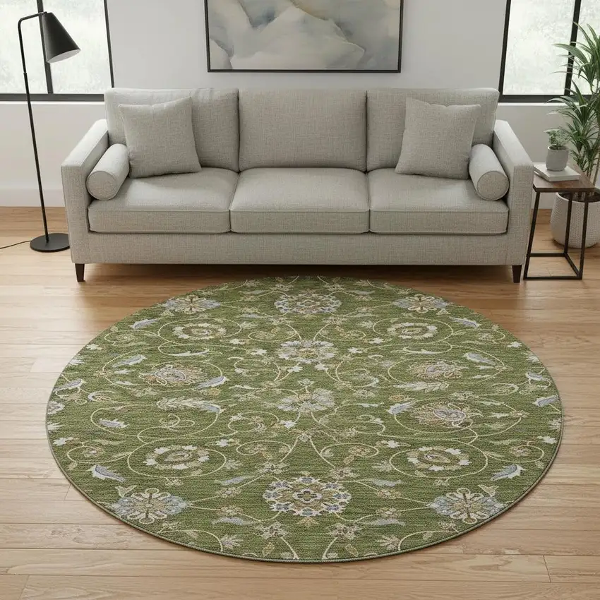8' Olive Green Gray And Beige Moroccan Washable Round Rug With UV Protection Photo 2