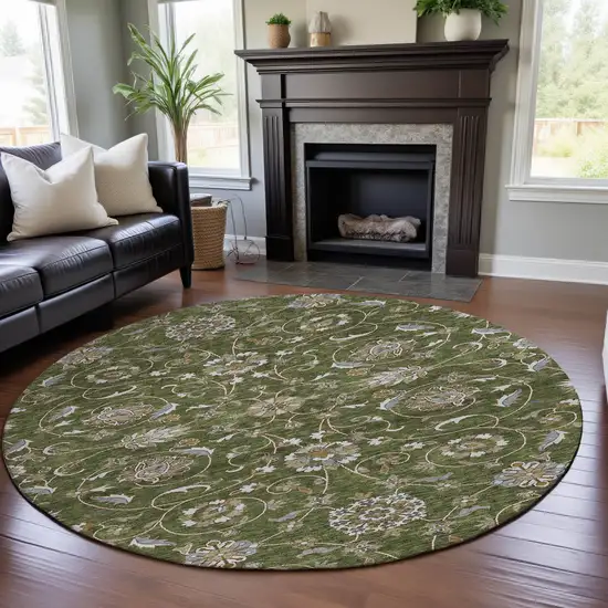 8' Olive Green Gray And Beige Moroccan Washable Round Rug With UV Protection Photo 4