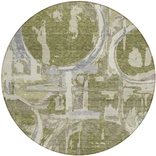 8' Olive Green Gray And Beige Round Geometric Washable Indoor Outdoor Area Rug Photo 2