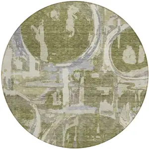 Photo of 8' Olive Green Gray And Beige Round Geometric Washable Indoor Outdoor Area Rug