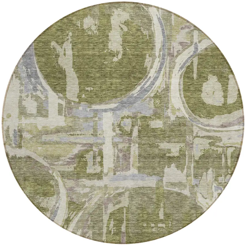 8' Olive Green Gray And Beige Round Geometric Washable Indoor Outdoor Area Rug Photo 2