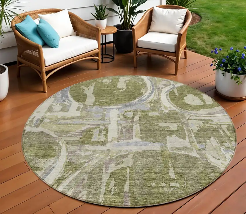 8' Olive Green Gray And Beige Round Geometric Washable Indoor Outdoor Area Rug Photo 1