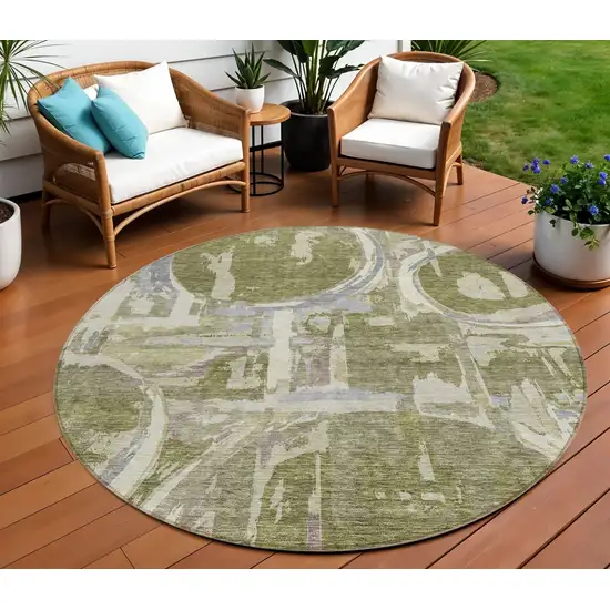8' Olive Green Gray And Beige Round Geometric Washable Indoor Outdoor Area Rug Photo 1