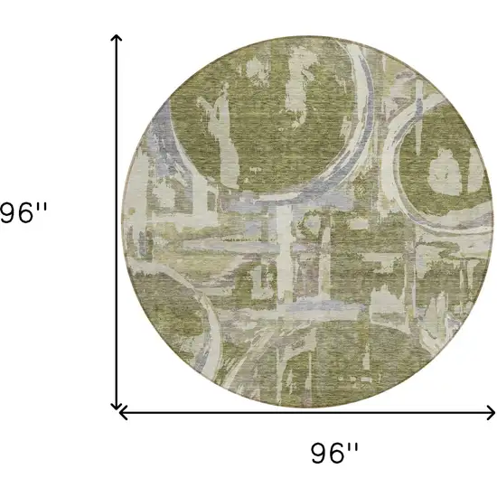 8' Olive Green Gray And Beige Round Geometric Washable Indoor Outdoor Area Rug Photo 3