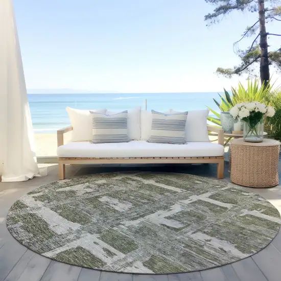 8' Olive Green Gray And Beige Round Striped Washable Indoor Outdoor Area Rug Photo 6