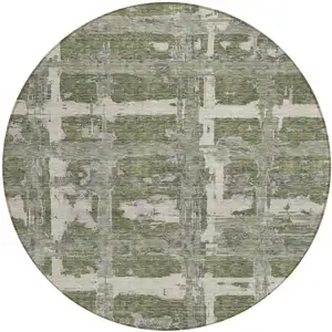 Photo of 8' Olive Green Gray And Beige Round Striped Washable Indoor Outdoor Area Rug