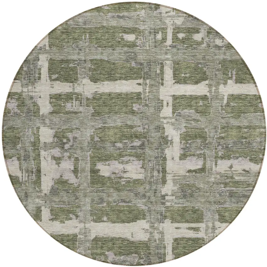 8' Olive Green Gray And Beige Round Striped Washable Indoor Outdoor Area Rug Photo 1