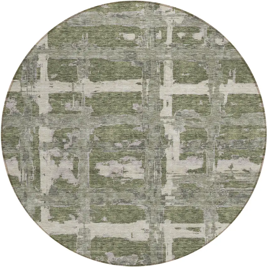 8' Olive Green Gray And Beige Round Striped Washable Indoor Outdoor Area Rug Photo 1