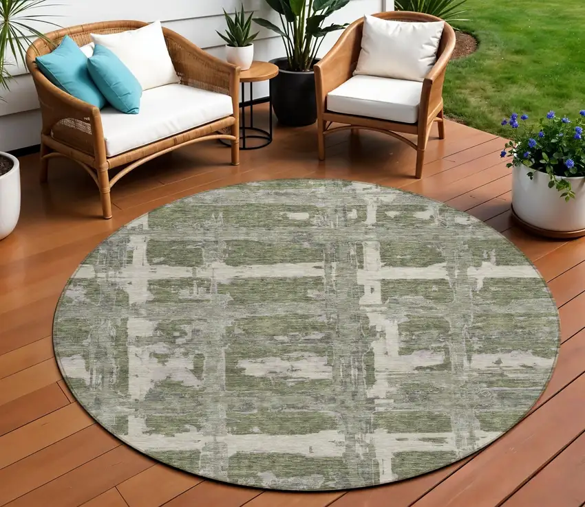 8' Olive Green Gray And Beige Round Striped Washable Indoor Outdoor Area Rug Photo 1
