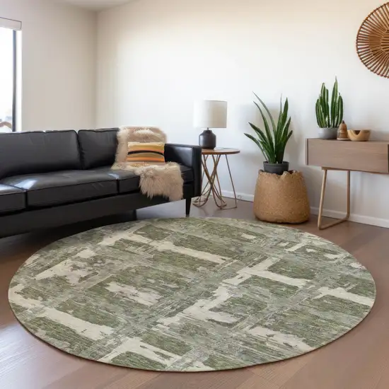 8' Olive Green Gray And Beige Round Striped Washable Indoor Outdoor Area Rug Photo 7