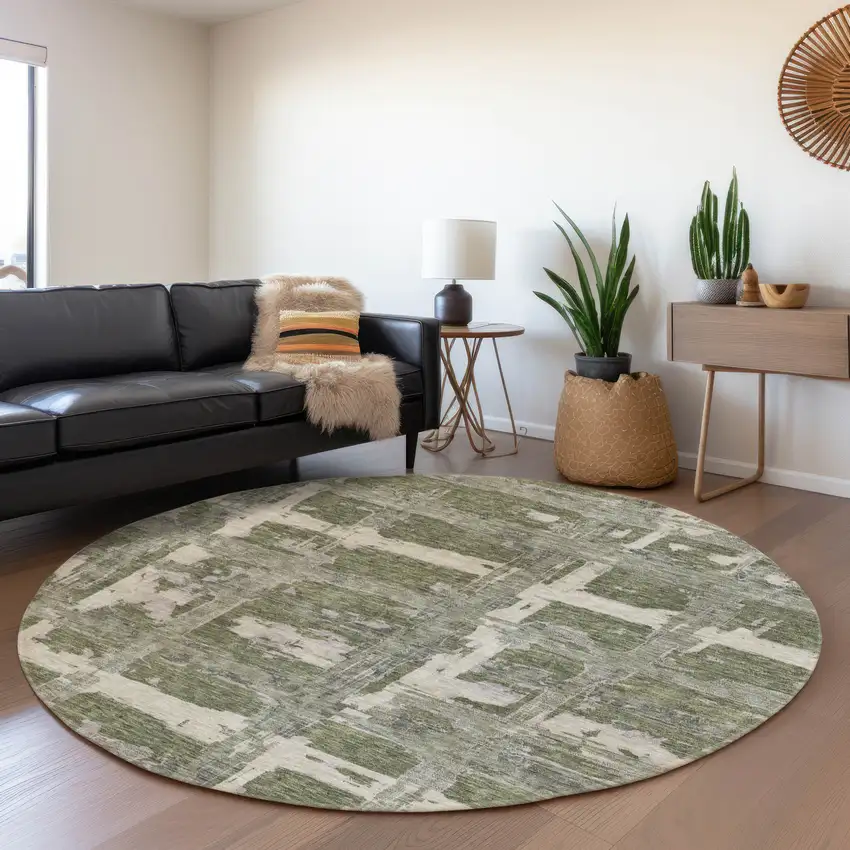 8' Olive Green Gray And Beige Round Striped Washable Indoor Outdoor Area Rug Photo 7