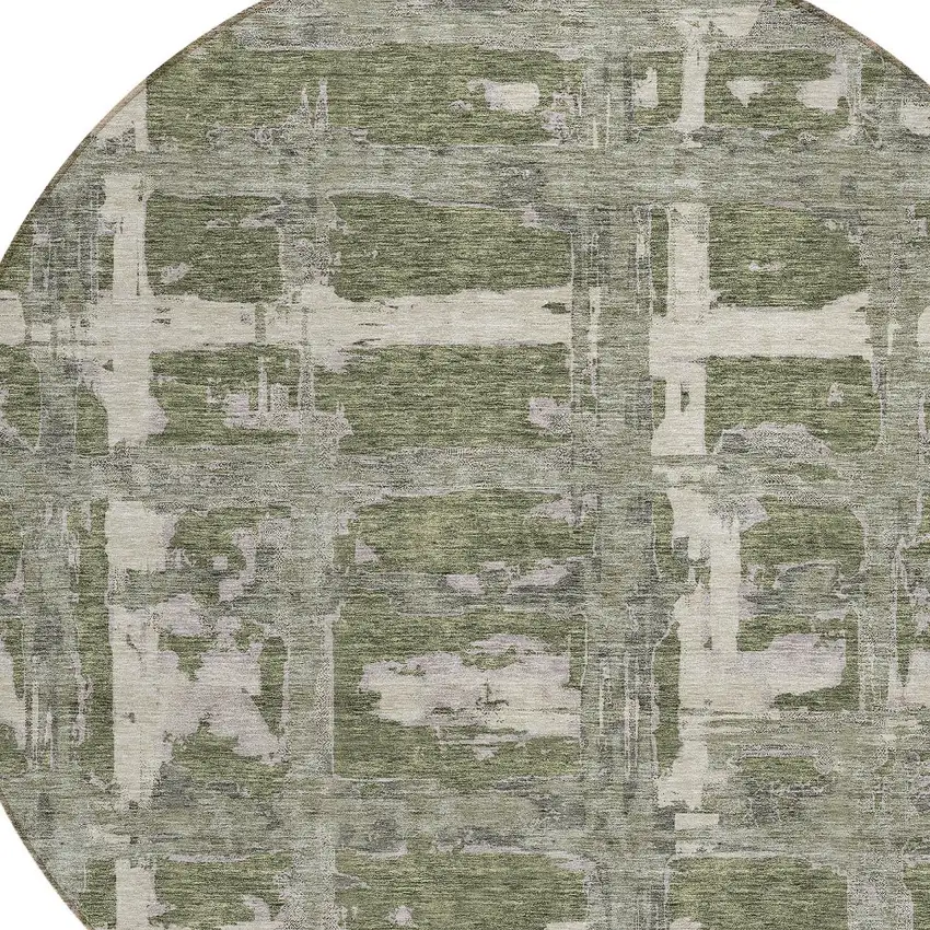8' Olive Green Gray And Beige Round Striped Washable Indoor Outdoor Area Rug Photo 4