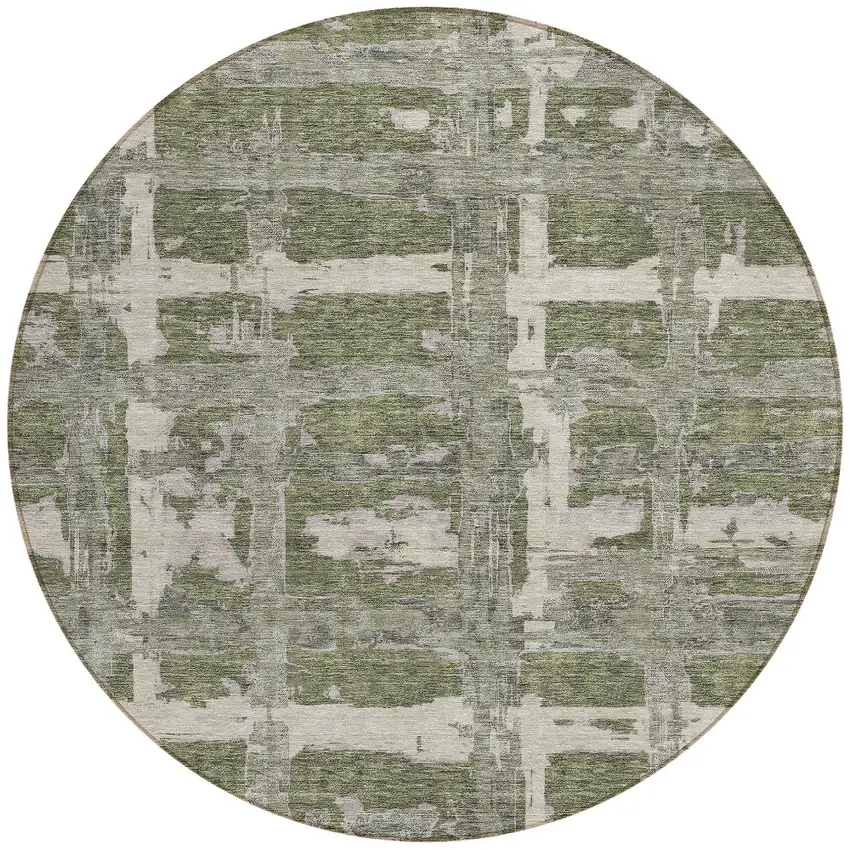 8' Olive Green Gray And Beige Round Striped Washable Indoor Outdoor Area Rug Photo 5