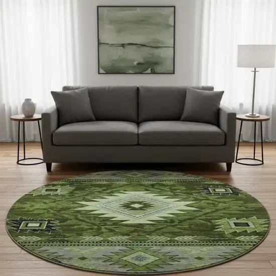 8' Olive Green Gray And Charcoal Geometric Washable Round Rug With UV Protection Photo 2