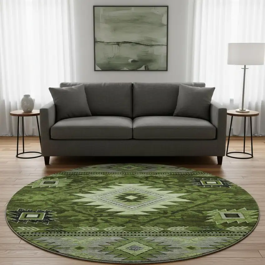 8' Olive Green Gray And Charcoal Geometric Washable Round Rug With UV Protection Photo 2