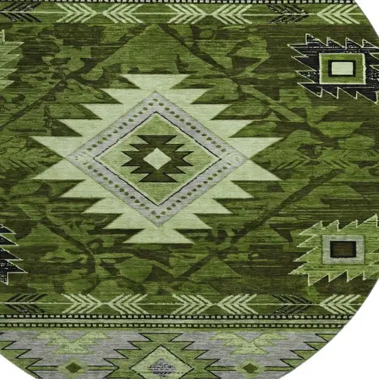 8' Olive Green Gray And Charcoal Geometric Washable Round Rug With UV Protection Photo 2