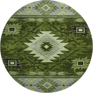 Photo of 8' Olive Green Gray And Charcoal Geometric Washable Round Rug With UV Protection