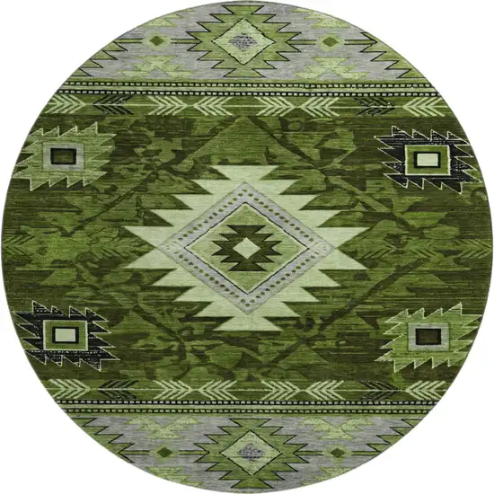 8' Olive Green Gray And Charcoal Geometric Washable Round Rug With UV Protection Photo 1