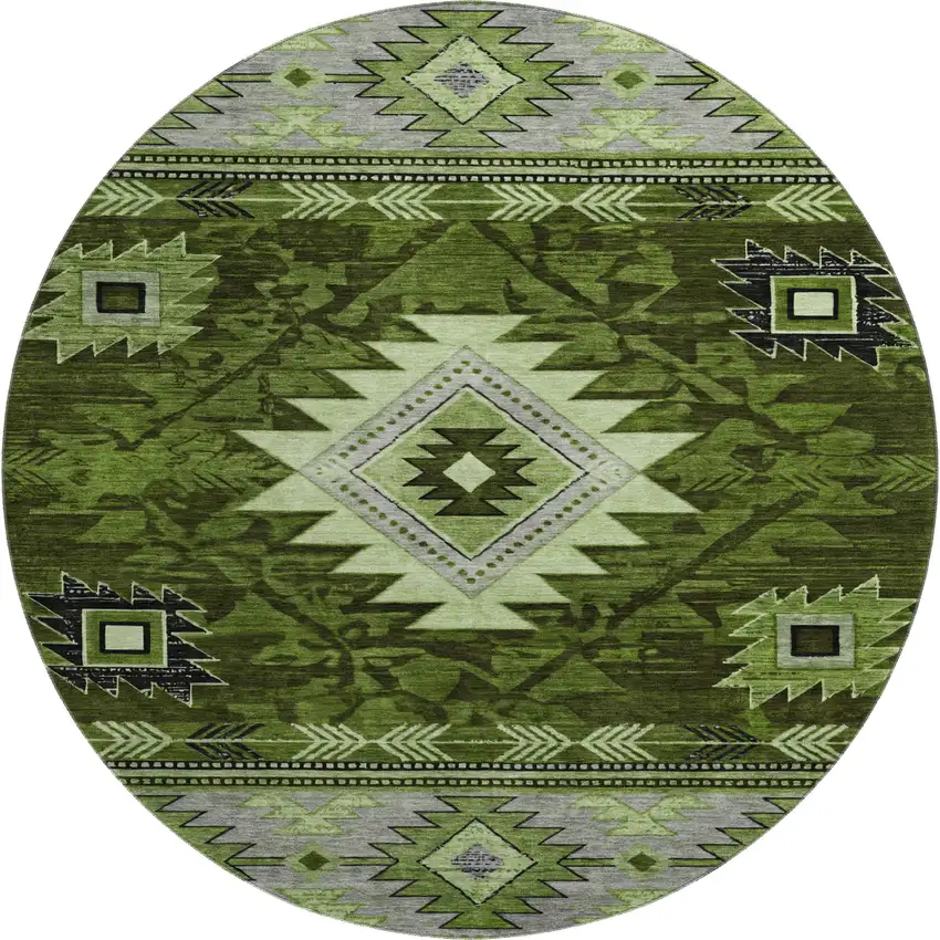 8' Olive Green Gray And Charcoal Geometric Washable Round Rug With UV Protection Photo 1