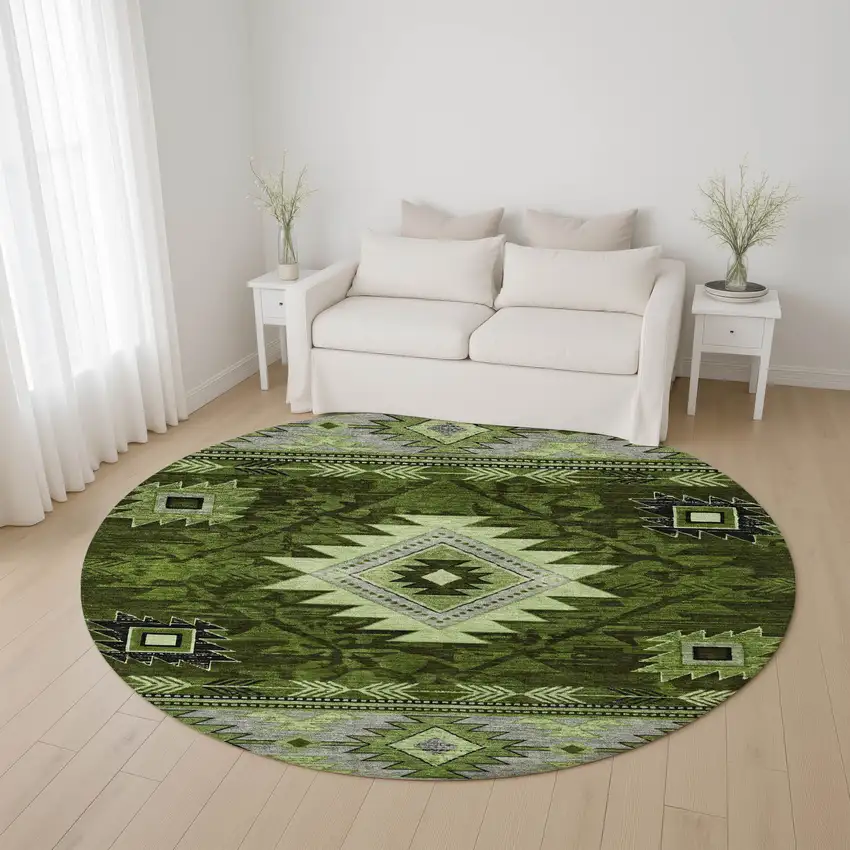 8' Olive Green Gray And Charcoal Geometric Washable Round Rug With UV Protection Photo 4
