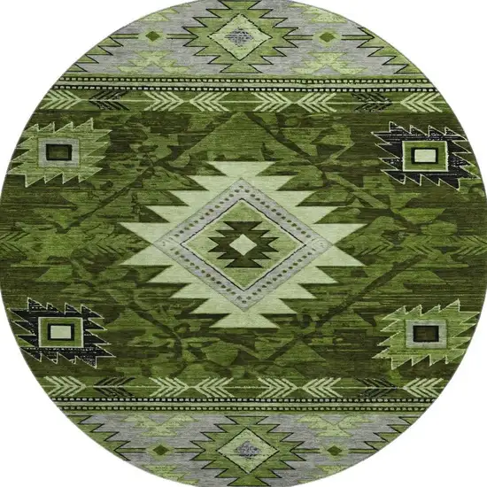 8' Olive Green Gray And Charcoal Geometric Washable Round Rug With UV Protection Photo 3