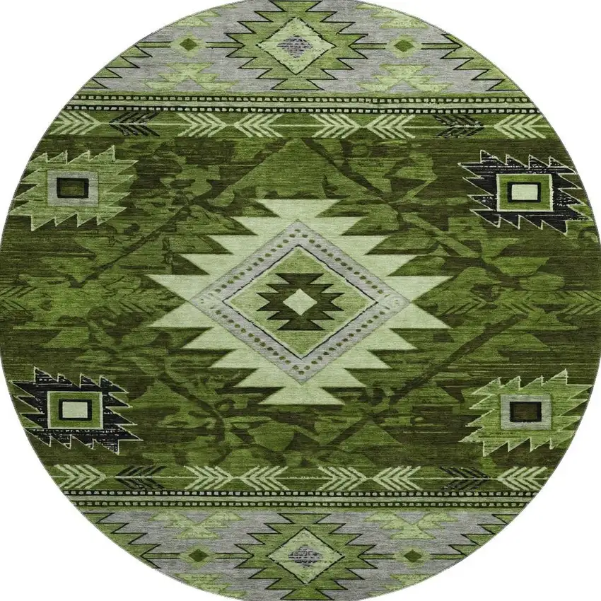 8' Olive Green Gray And Charcoal Geometric Washable Round Rug With UV Protection Photo 3