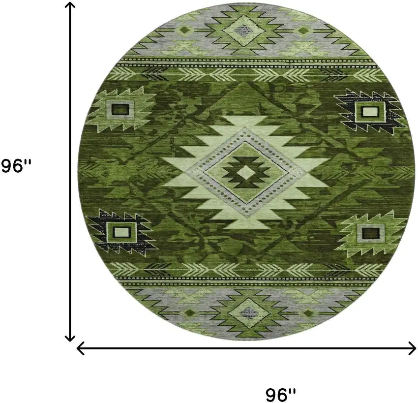 8' Olive Green Gray And Charcoal Geometric Washable Round Rug With UV Protection Photo 9