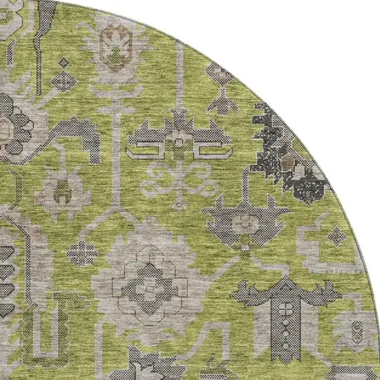8' Olive Green Gray And Charcoal Oriental Washable Round Rug With UV Protection Photo 3