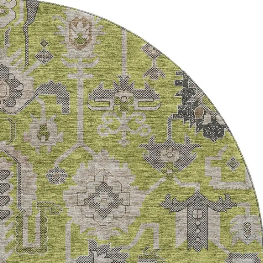 8' Olive Green Gray And Charcoal Oriental Washable Round Rug With UV Protection Photo 3