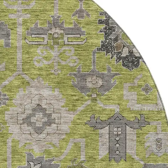 8' Olive Green Gray And Charcoal Oriental Washable Round Rug With UV Protection Photo 2