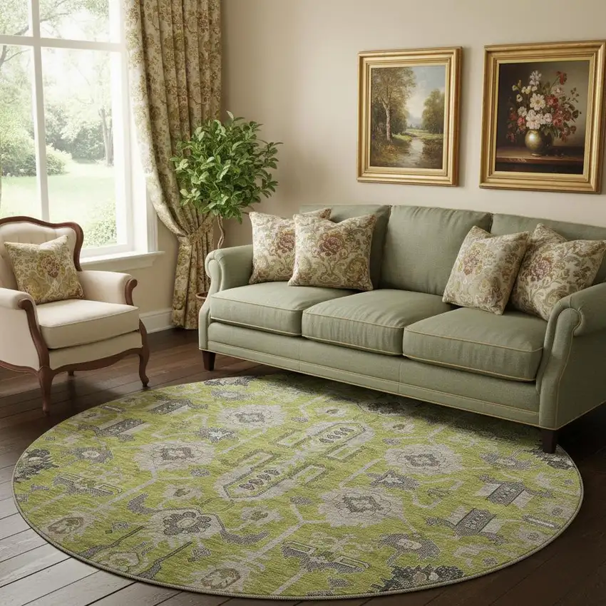 8' Olive Green Gray And Charcoal Oriental Washable Round Rug With UV Protection Photo 1