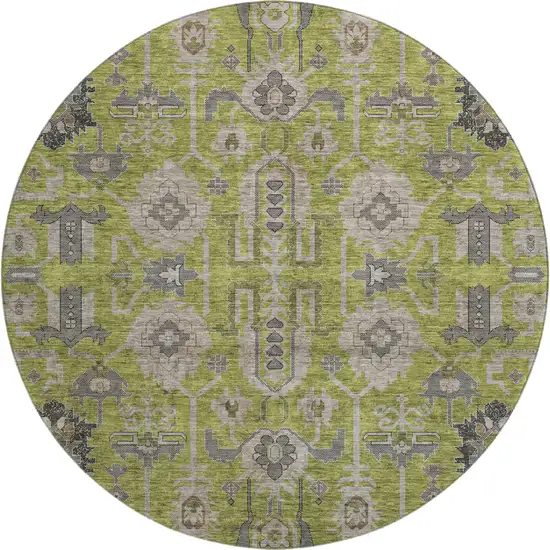 8' Olive Green Gray And Charcoal Oriental Washable Round Rug With UV Protection Photo 1