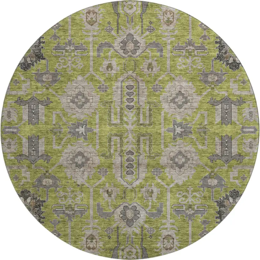 8' Olive Green Gray And Charcoal Oriental Washable Round Rug With UV Protection Photo 1