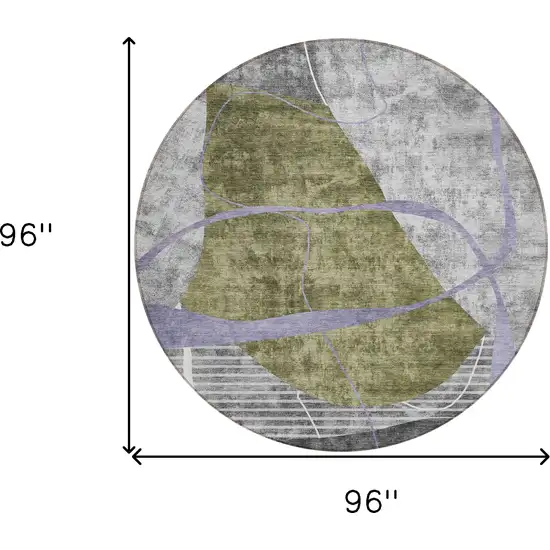 8' Olive Green Gray And Charcoal Round Abstract Washable Indoor Outdoor Area Rug Photo 3