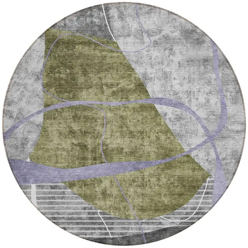 8' Olive Green Gray And Charcoal Round Abstract Washable Indoor Outdoor Area Rug Photo 5