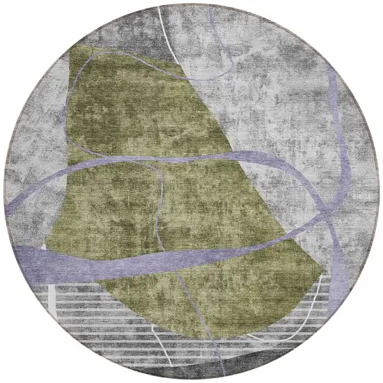 8' Olive Green Gray And Charcoal Round Abstract Washable Indoor Outdoor Area Rug Photo 5