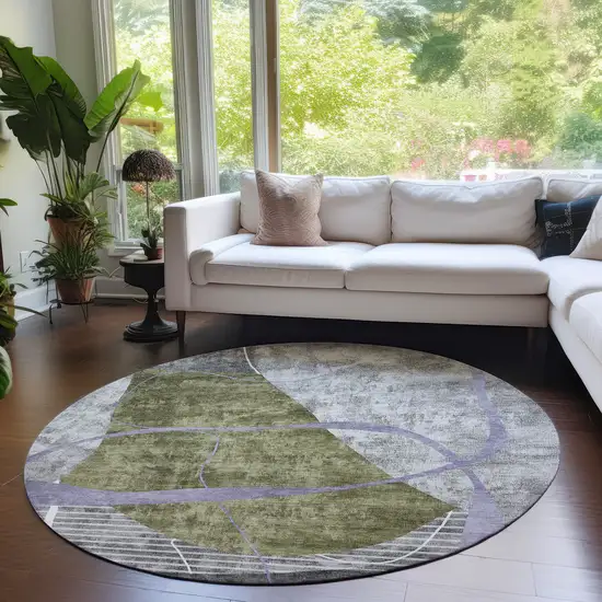 8' Olive Green Gray And Charcoal Round Abstract Washable Indoor Outdoor Area Rug Photo 7