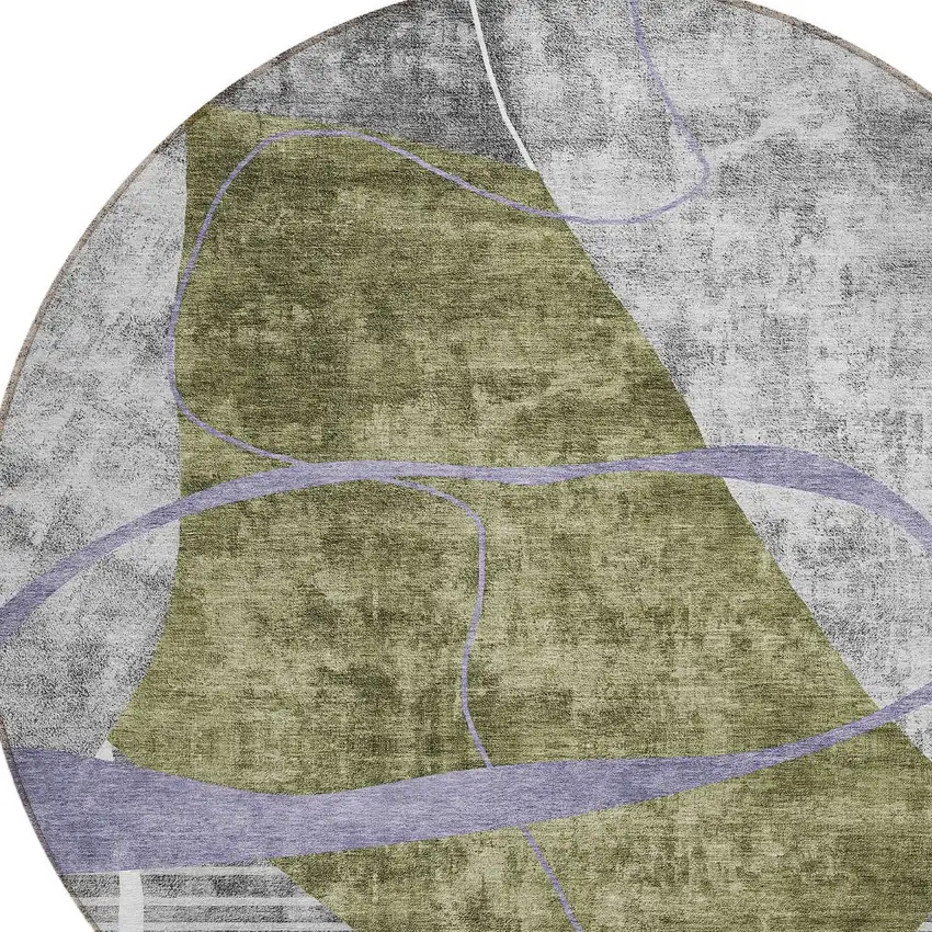 8' Olive Green Gray And Charcoal Round Abstract Washable Indoor Outdoor Area Rug Photo 4