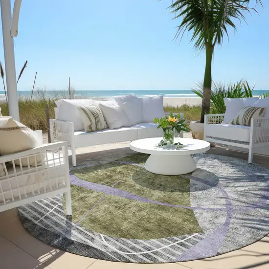 8' Olive Green Gray And Charcoal Round Abstract Washable Indoor Outdoor Area Rug Photo 6