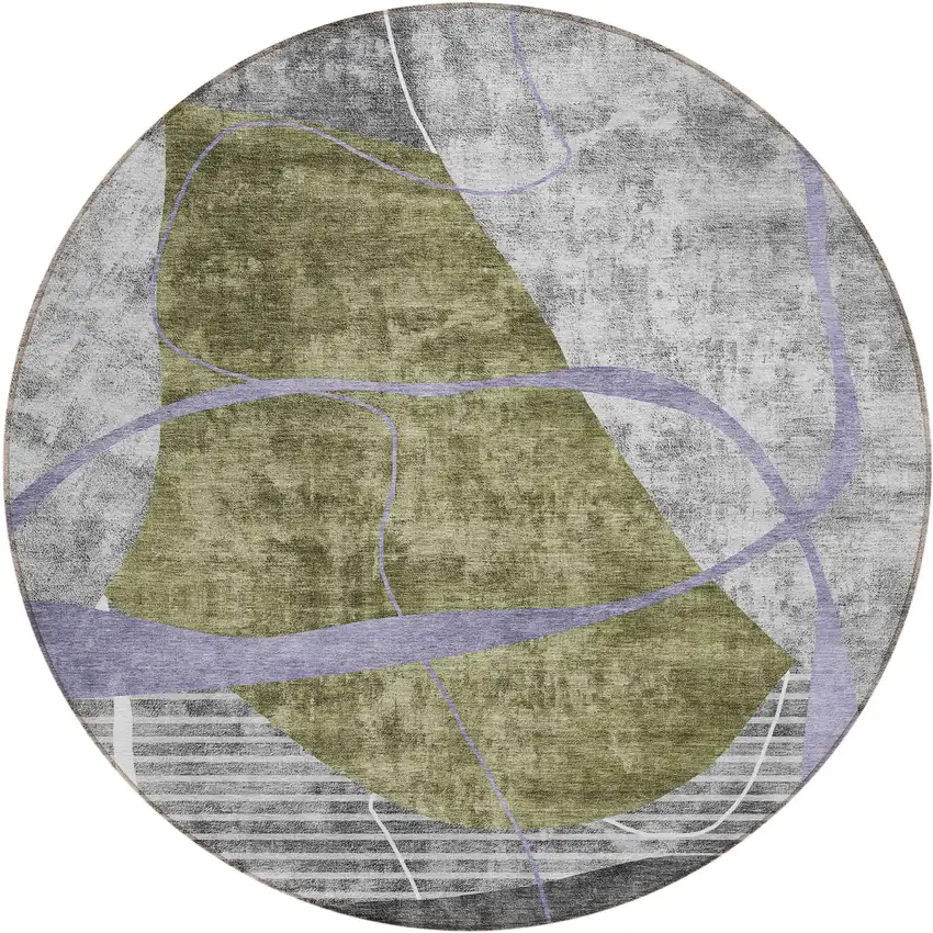 8' Olive Green Gray And Charcoal Round Abstract Washable Indoor Outdoor Area Rug Photo 2