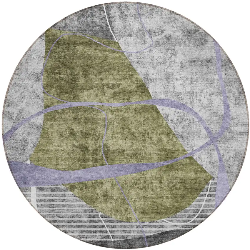 8' Olive Green Gray And Charcoal Round Abstract Washable Indoor Outdoor Area Rug Photo 2